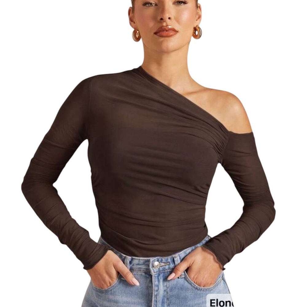 SHEIN BAE Women Simple Solid Color Oblique Shoulder Rouched Bodycon T-Shirt,